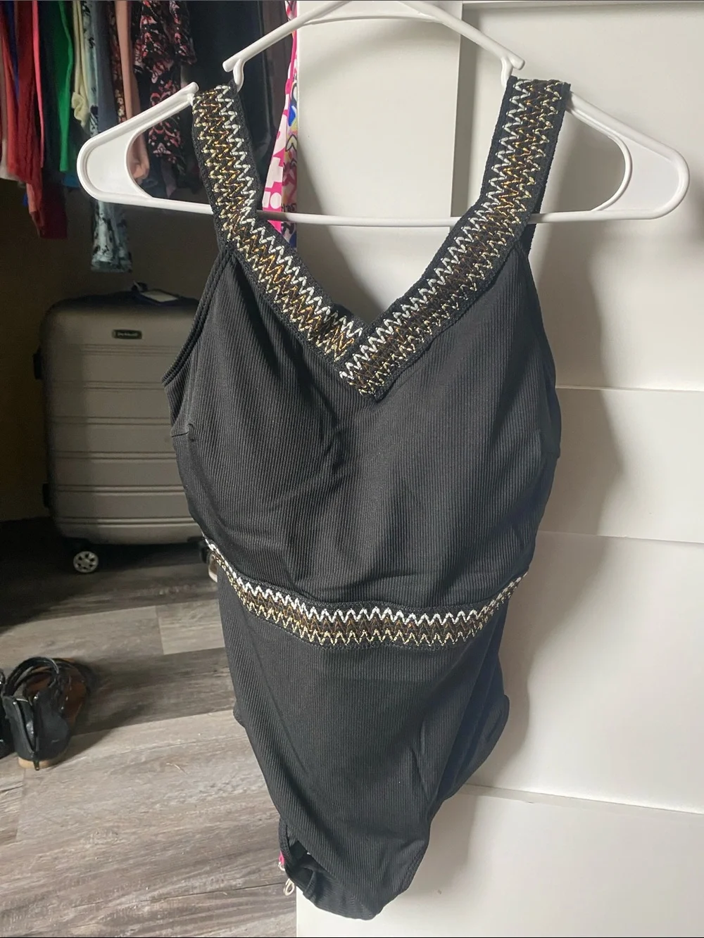 Women’s Black One-Piece Swimsuit with Zigzag Metallic Trim new with no tags